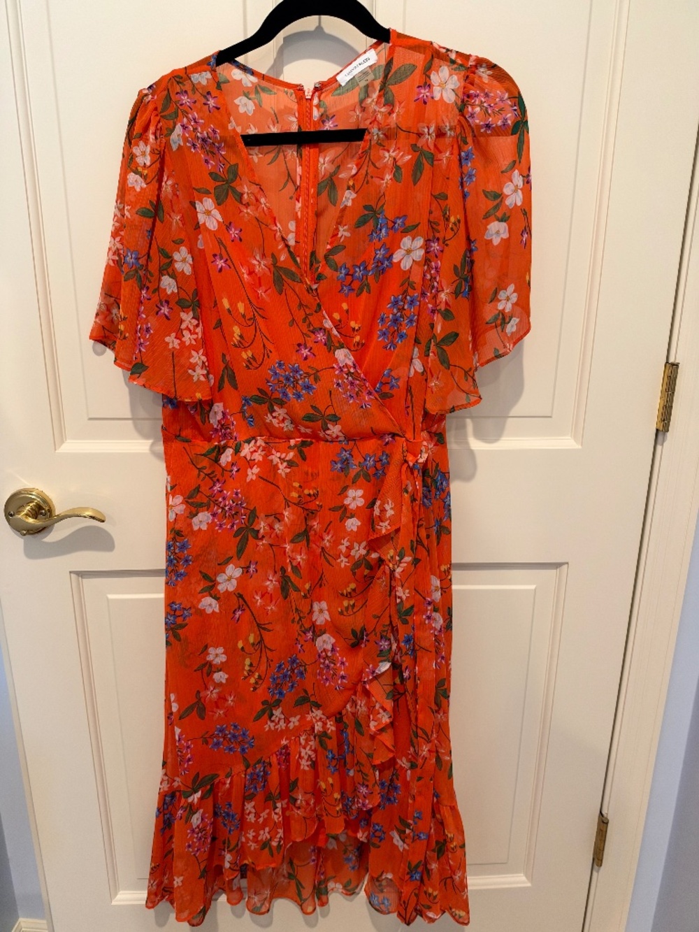 Calvin Klein Orange Floral Ruffle Maxi Dress | Size 14